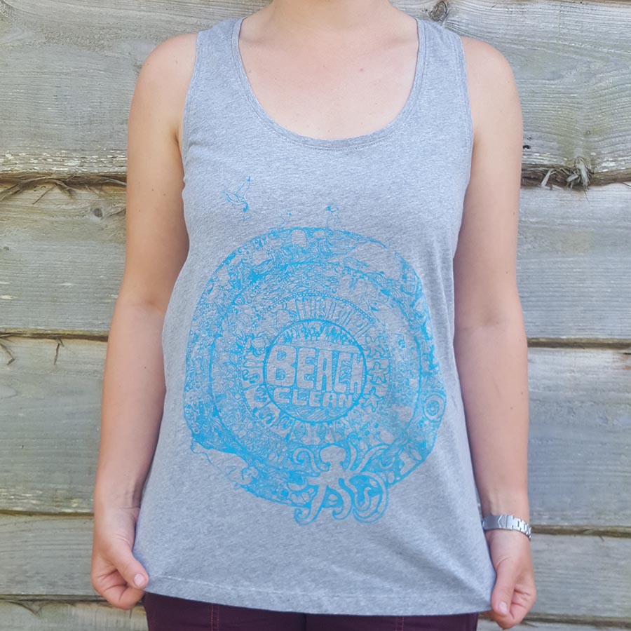 Grey vest with beach clean design in teal